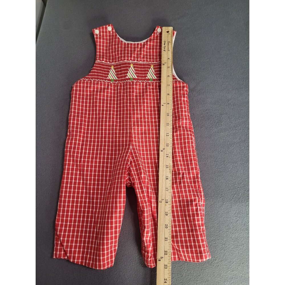 VTG 12M Red Checkered Christmas Tree Smocked Jon Jon Romper One Piece Preppy - Picture 5 of 8